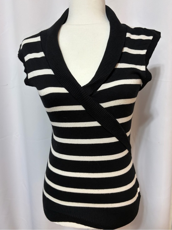 Derek Heart Tops - Black & White Striped Wrap-Front Cap Sleeve Top
